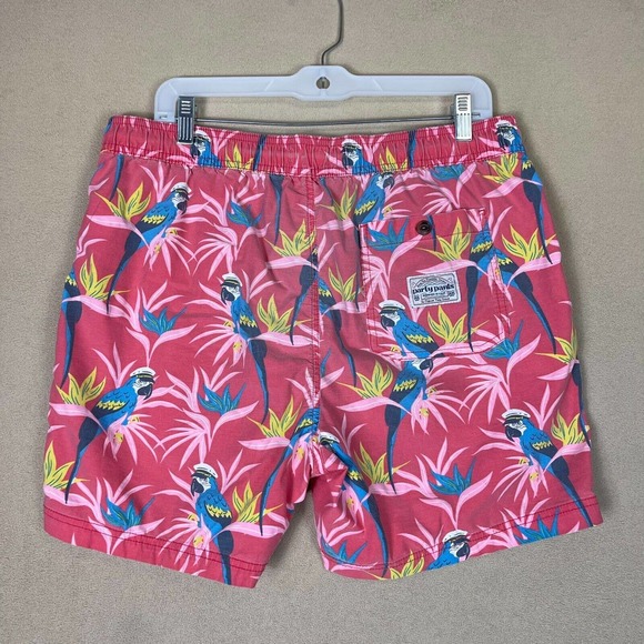Party Pants Shorts Adult Large Pink Parrots Swim Trunk Drawstring Pocket Mens - Picture 10 of 11
